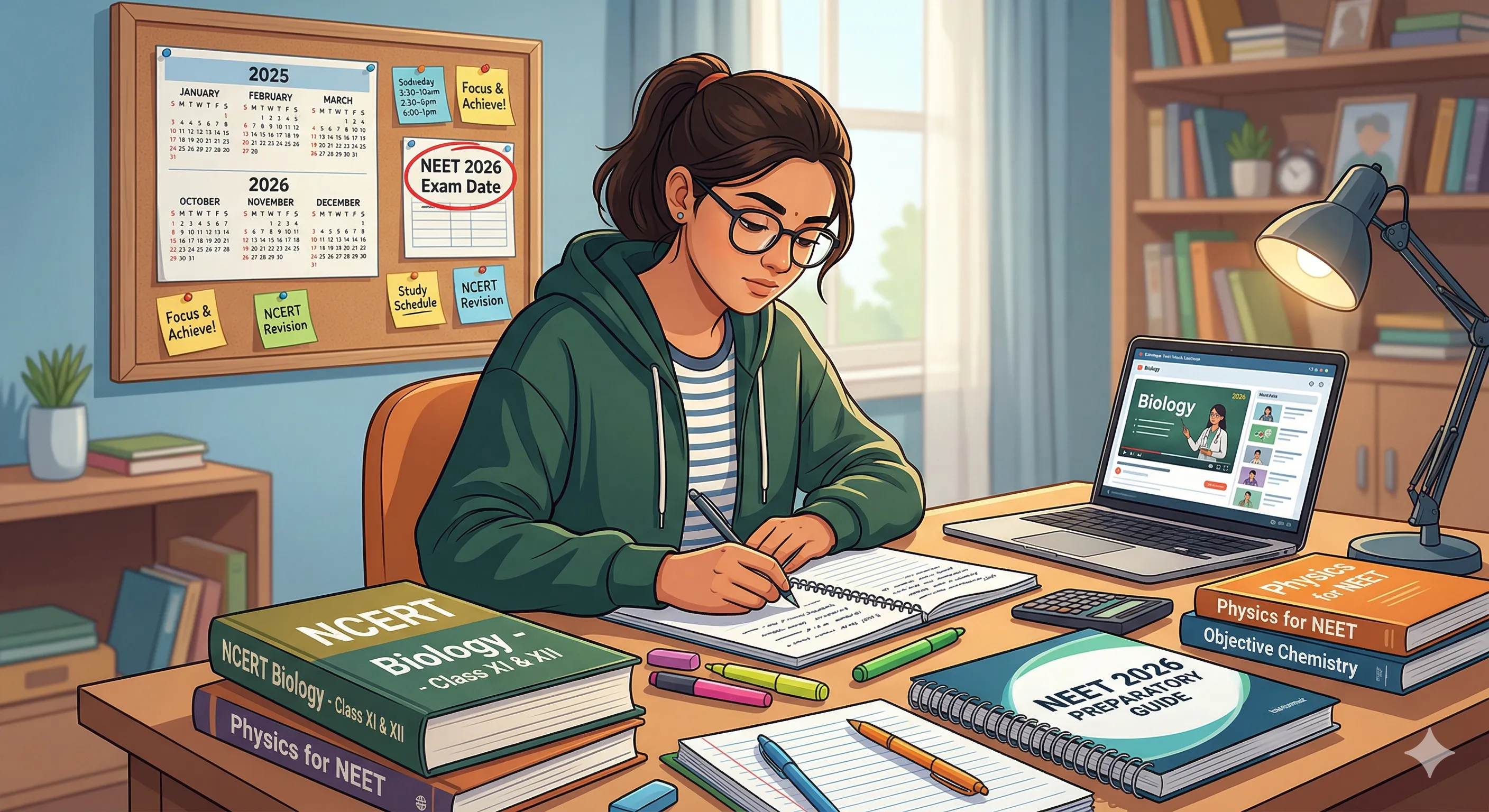Student preparing for NEET 2026 exam with study materials